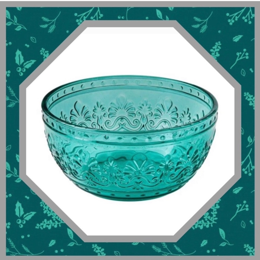 🌺 New Pioneer Woman Cassie Teal Blue Embossed Glass Bowls, Qty 2 - Picture 3 of 5